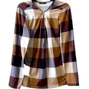 Brown Plaid Long-Sleeve - Checkered Top, Size XXL
